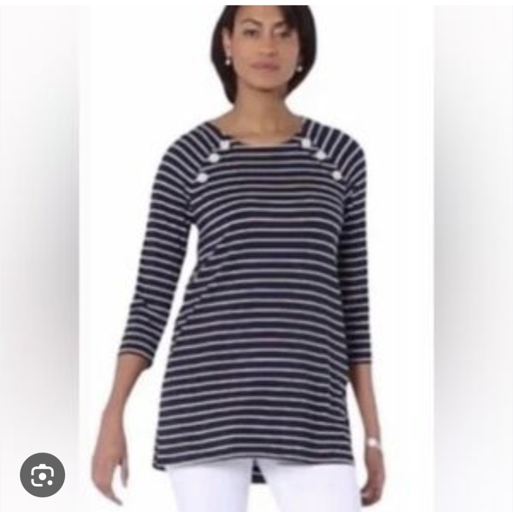 J. Jill Navy and White Striped Top with Button Accents